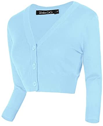 Women's Cropped Cardigan V-Neck Button Down Knitted Sweater 3/4 Sleeve