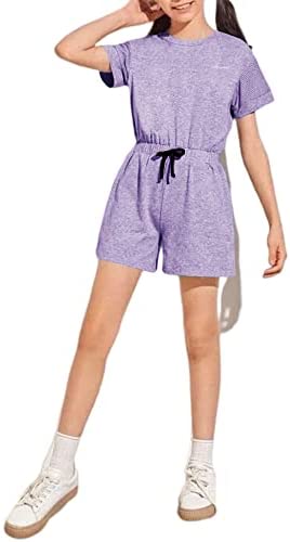 Girls Kids Crewneck Shorts Rompers Short Sleeve Drawstring Back Zipper Cotton Cute One Piece Outfits Jumpsuit