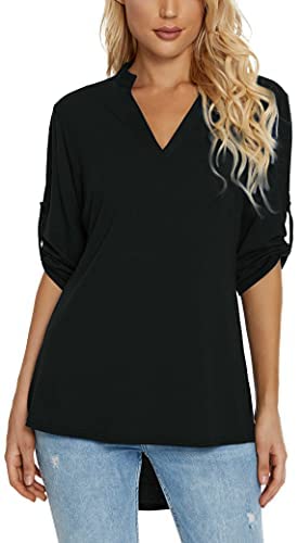 Women's 3/4 Roll Sleeve Tunic Shirts Floral Printed Hi-Low Hem V Neck Blouse Shirts