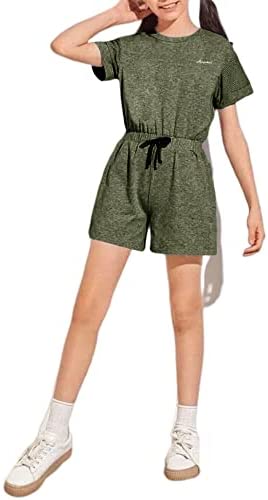 Girls Kids Crewneck Shorts Rompers Short Sleeve Drawstring Back Zipper Cotton Cute One Piece Outfits Jumpsuit