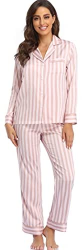 Women's Satin Pajama Set Long Sleeve Button Sleepwear 2-Piece Pj Lounge Set