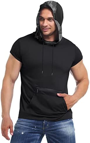 iWoo Mens Fashion Muscle T Shirts Hooded Workout Shirts with Pocket