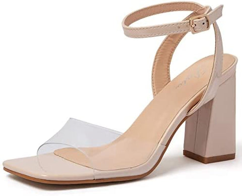 Putu Women's Clear Square Open Toe Heeled Sandals Ankle Strap Chunky Block High Heels Buckle Strappy Dressy Heeled Sandals