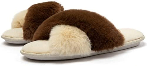 Women's Cross Band Furry Slippers Cozy Plush House Slippers Open Toe Soft Fuzzy Slippers Slip on Comfy Indoor Slippers
