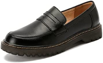 KANGFEINI Women's Apartment Wide Loafers Brown Work high Heel Platform Dress Shoes
