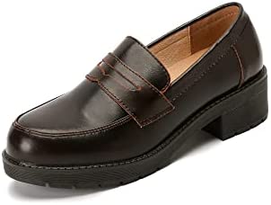 KANGFEINI Women's Apartment Wide Loafers Brown Work high Heel Platform Dress Shoes