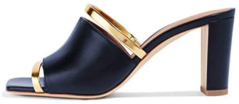 FSJ Women Open Peep Toe High Heel Slide Sandals Backless Slip on Clogs Mules Gold Band Casual Shoes Size 4-15 US
