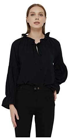 Womens White Oversized Tie Ruffled Neckline Top Blouse Tunic Shirt