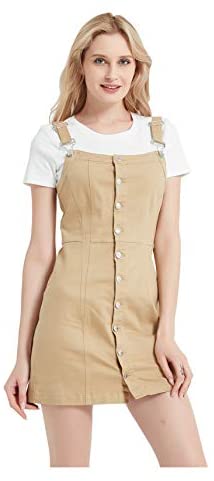 Women's Button Front Classic Adjustable Strap Overall Denim Skirt Dress
