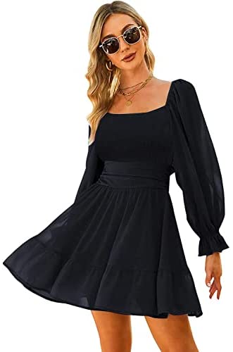 Women Elastic Smocked Bust Tie Back Long Puff Sleeve Square Neck Ruffle Dress A-line Casual Mini Dress