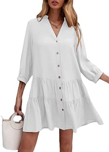 Dyexces Womens Long Sleeve Shift Dress V-Neck Button Up A-Line Midi Dress Summer Casual Loose Swing Tunic Dress