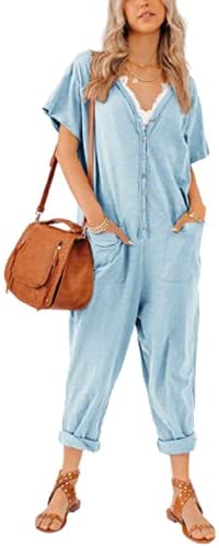 Plus Size Women's One Piece Button Up Jumpsuit Casual Loose Short Sleeve V Neck Onesies Rompers with Pockets