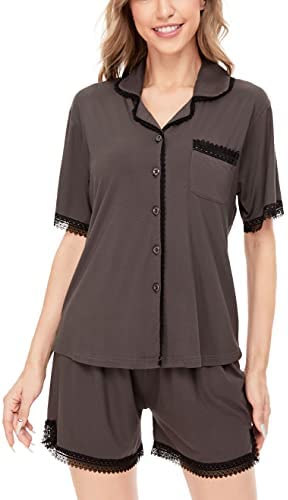 Women's Pajamas Set, Short Sleeve Sleepwear Lace Hem Pj Lounge Sets Nightwear Pajamas for Women S-XL