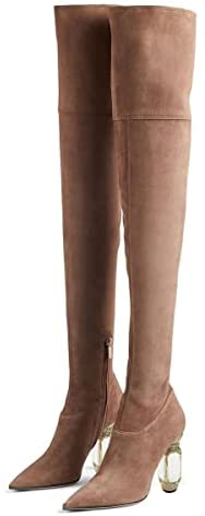 FSJ Women Winter Over The Knee Boots Crystal Chunky High Heels Stretch Thigh High Fashion Zipper Long Boots Faux Suede Comfort Warm Shoes Size 4-15 US