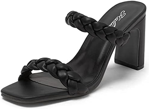 Katliu Women's Braided Heeled Mules Square Toe Block Heel Sandals Two Strap Heeled Slide Sandals