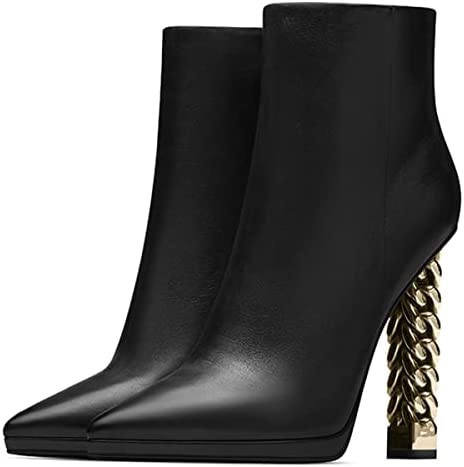 FSJ Women Fashion Gold Metal Chain Chunky High Heel Ankle Boots Pointed Toe Winter Booties Side Zipper Comfy Dress Short Boots 4-15 M US