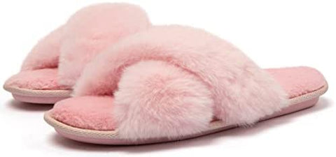 Women's Cross Band Furry Slippers Cozy Plush House Slippers Open Toe Soft Fuzzy Slippers Slip on Comfy Indoor Slippers