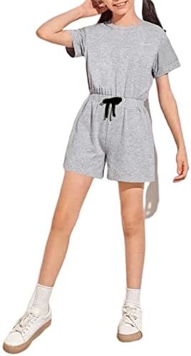 Girls Kids Crewneck Shorts Rompers Short Sleeve Drawstring Back Zipper Cotton Cute One Piece Outfits Jumpsuit