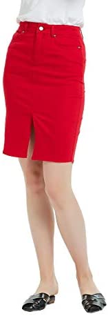 Womens Distressed Stretch Denim Pencil Skirt Frayed Hem