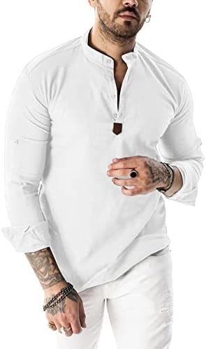 Men's Long Sleeve Cotton Henley Shirts Basic Casual Button Up Banded Collar Yoga Shirt Soft Beach Tops