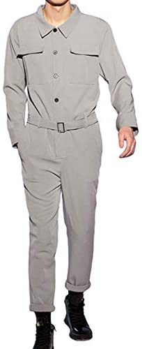 Men's Fashion Long Sleeve Cargo Jumpsuit Casual Solid Color Button Down Coverall