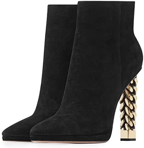 FSJ Women Fashion Gold Metal Chain Chunky High Heel Ankle Boots Pointed Toe Winter Booties Side Zipper Comfy Dress Short Boots 4-15 M US