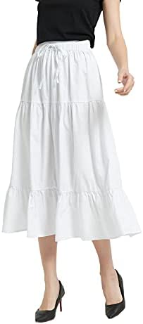 Womens A Line Long Midi Denim Skirt Tired Pleated Layers Elastic Waist Front Drawstring