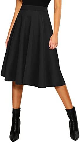 Women's Basic Elastic Waist A-line Solid Flared Midi Skirt