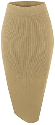 Women's Elastic Waist Knitted Split Tube Pencil Midi Skirt