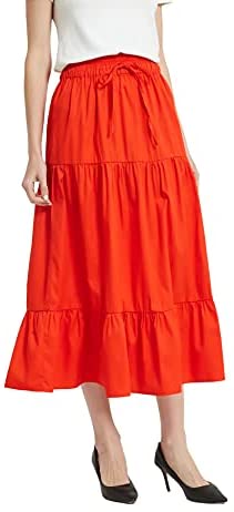 Womens A Line Long Midi Denim Skirt Tired Pleated Layers Elastic Waist Front Drawstring