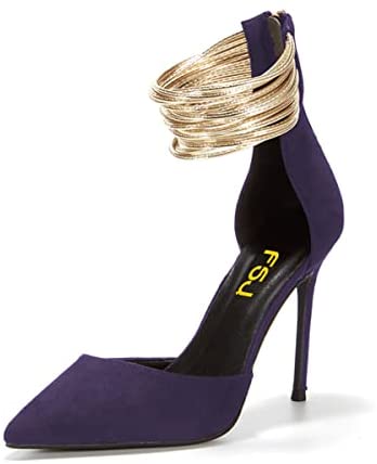 Women Chic Stiletto Heels D'Orsay Pumps Gold Ankle Strap Rings Closed Pointed Toe Heeled Sandals Back Zip Ladies Dress Shoes Size 4-15 US