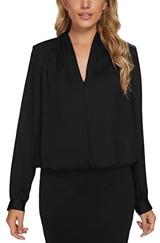 Women's Business Casual V-Neck Long Sleeve Wrap Blouse Solid Chiffon Shirts