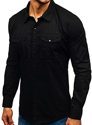Mens Long Sleeve Snap Shirt - Casual Button Bown Tops Cargo Shirts Solid Work Western Dress Shirt