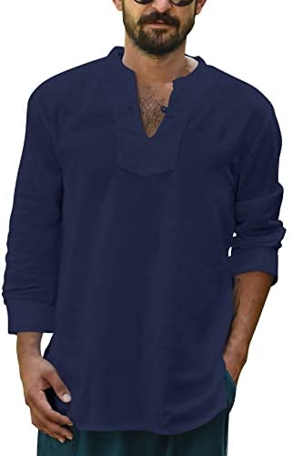 Yasiter Men's V Neck T Shirts Long Sleeve Solid Lightweight Side Seams Breathable Frog Button Henley Shirt