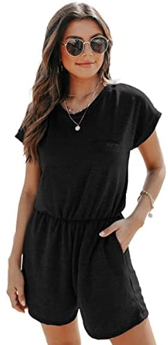 Dyexces Womens Jumpsuits Summer Loose Crew Neck Short Sleeve Elastic Waist Romper Playsuits with Pockets