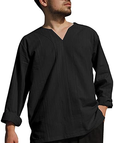 Mens V Neck T Shirts Cotton Linen Loose Fit Long Sleeve Solid Beach Yoga Tops Shirts