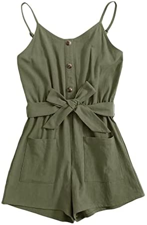 GAMISOTE Girls Romper Strappy Sleeveless Button Tie Front Jumpsuit With Pockets