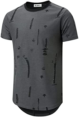 KLIEGOU Mens Hipster Hip Hop Ripped Round Hemline Hole T Shirt(1705)