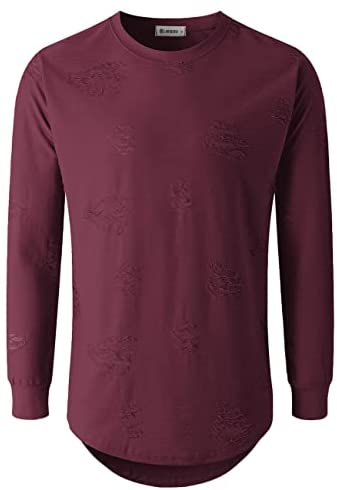 KLIEGOU Mens Hipster Hip Hop Ripped Round Hemline Hole T Shirt(1705)