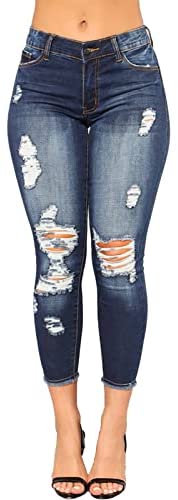 elselect Women's Fashion Ripped Jeans Mid Waist Skinny Jeans Stretch Destroyed Jeans for Women with Pockets
