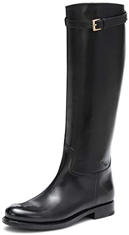 FSJ Women Regular Round Toe Flats Riding Knee High Boots Wide Calf Buckled Strappy Chunky Low Heel Western Long Boots Pull On Dress Shoes Size 4-15 US