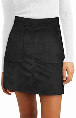 Skirts for Women High Waisted Mini Skirt Faux Suede A Line Skirt with Slant Pocket