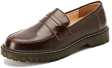 KANGFEINI Women's Apartment Wide Loafers Brown Work high Heel Platform Dress Shoes