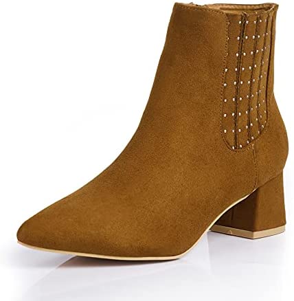 Heel The World Women's Ankle Boots Pointed Toe Low Block Heel Booties with Rhinestones