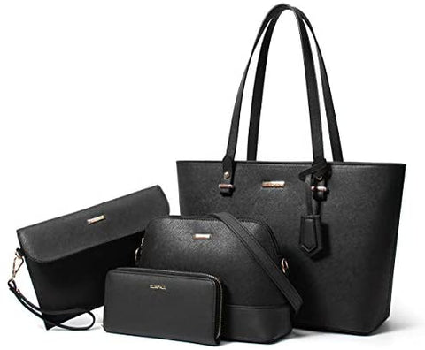 Women Fashion Synthetic Leather Handbags Tote Bag Shoulder Bag Top Handle Satchel Purse Set 4pcs