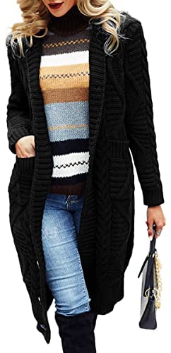 Dyexces Womens Sweaters Cardigan Long Hooded Button Open Front Sweater Cable Knit Casual Coat with Pockets