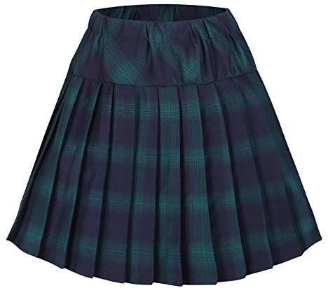 Women's Elastic Waist Plaid Pleated Skirt Tartan Skater School Uniform Mini Skirts