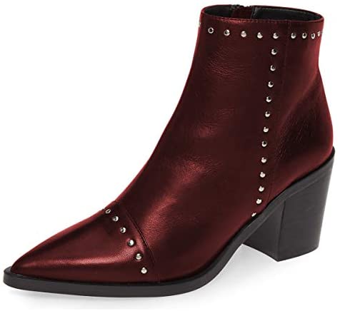 Women Block Low Mid Heels Ankle Boots Pointy Toe Rivets Studs Boots Party Office Shoes with Side Zipper Size 4-15 US