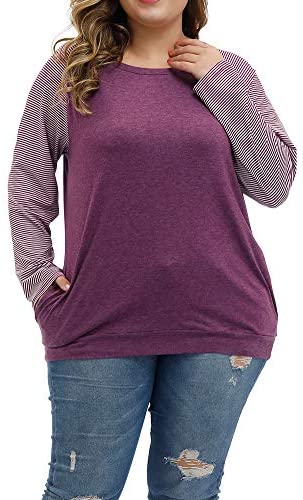 Plus Size Tops Women Casual Long Sleeve T Shirts Stripe Loose Blouses with Pocket