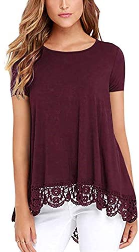 Women's O Neck Long Short Sleeve Solid Blouses Lace Trim A Line Shirts